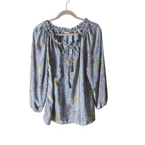 Paani Grey Orange Dotted Floral Tassel Tie Peasant Blouse Top Medium